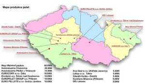 Mapa českých peletáren s výrobou nad 5 tisíc tun dřevěných pelet ročně